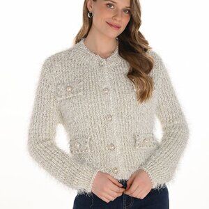 254929 Knit Cardigan in Ivory and Gold by FRANK LYMAN